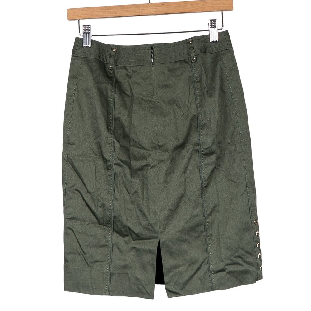 Army Green Pencil Skirt 0 Womens Secretary Academia Classic Slit Rivets Pockets - Picture 5 of 5